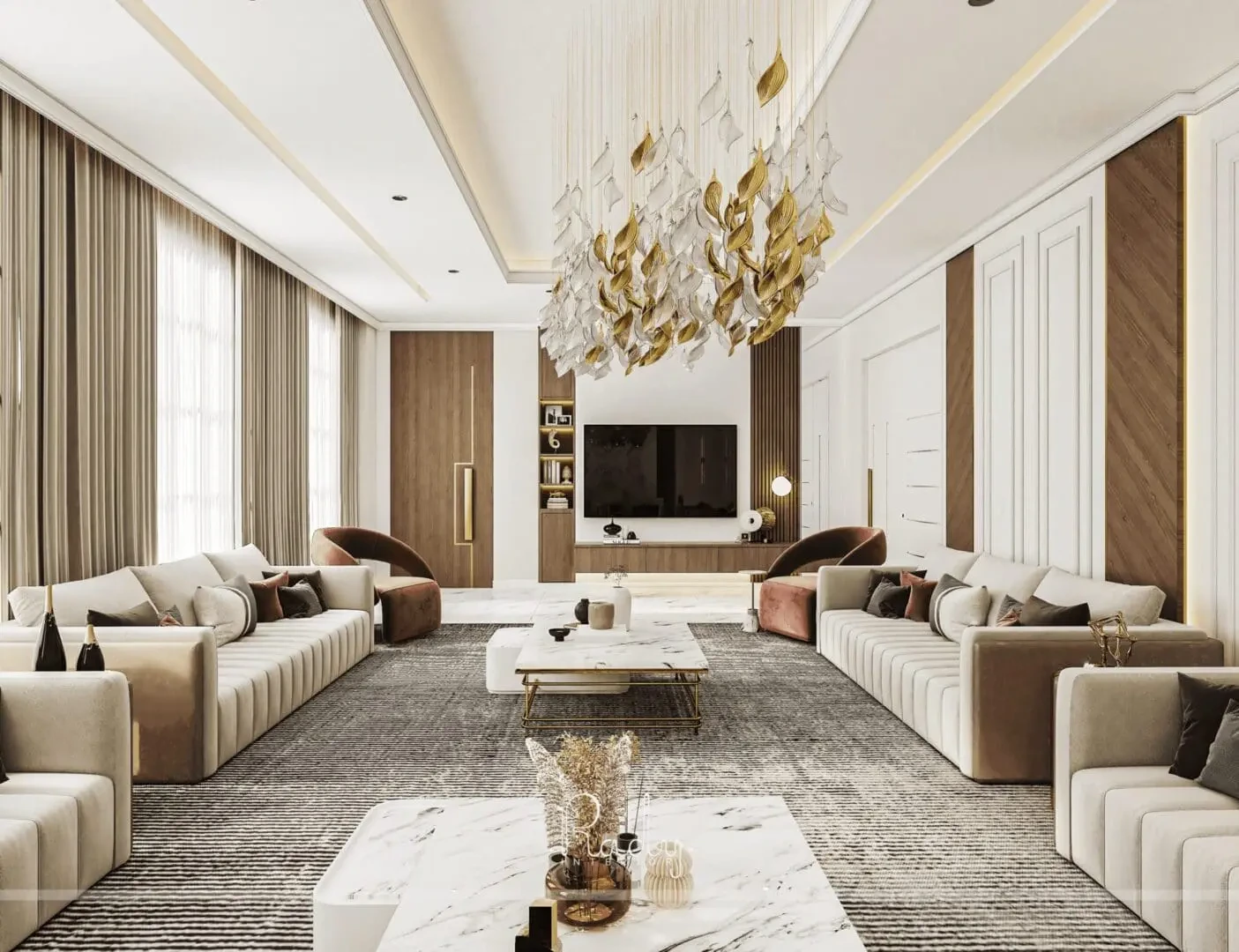 A luxurious Emirati Majlis setting interior crafted with soft sofas and Arabic chandeliers