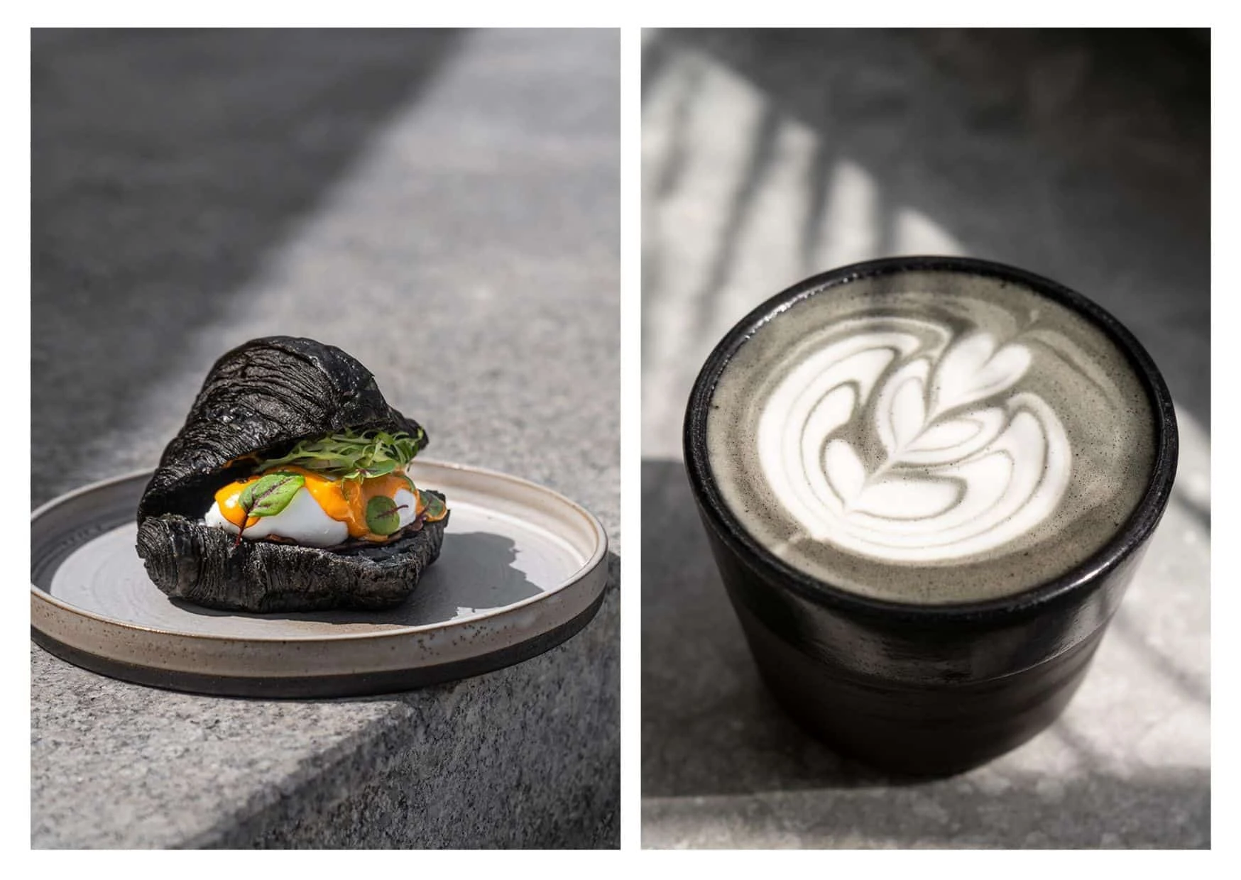 famous Charcoal Croissant with steaming cup of charcoal coffee