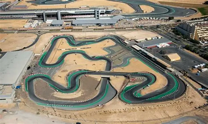 Aerial view of Dubai Autodrome outdoor karting track with winding turns.