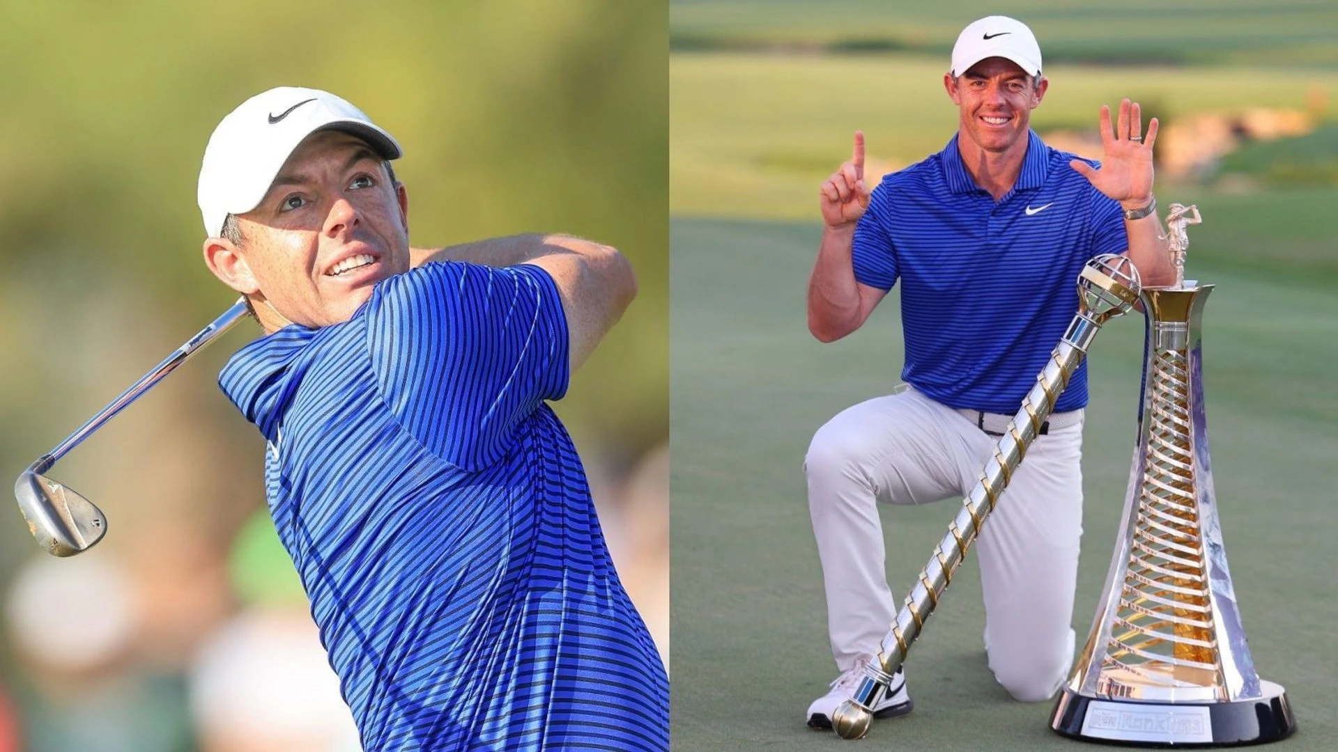 Rory McIlroy posing with his 3rd DP championship award, 2024