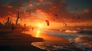 Colorful kites flying over a crowded beach at sunset, with people walking along the shore under an orange sky