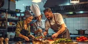 Chefs in action preparing a dish with flames in the backdrop