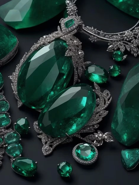 Emerald gem jewelry set with diamond detailing on a swarthy backdrop.