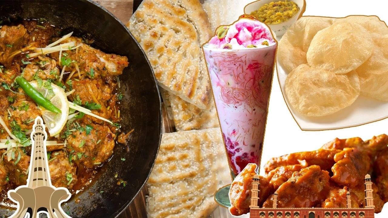 An image showing the plating of authentic foods from Lahore, including Karahi, Naans, Pakoras, Puri, and Strawberry lassi.