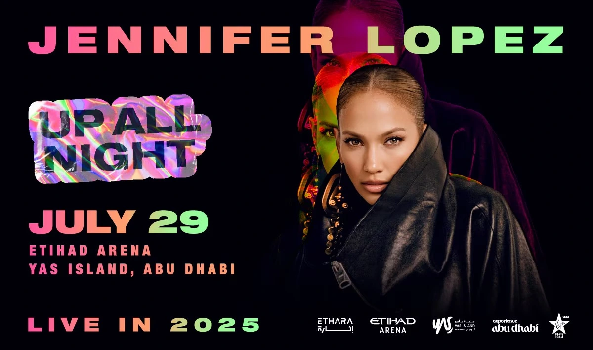 Promotional poster for Jennifer Lopez’s Up All Night Live in 2025 concert at Etihad Arena, Abu Dhabi, featuring her image with the concert name and date.