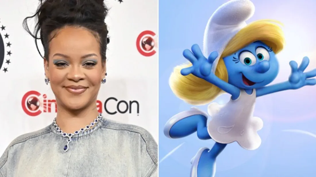 Singer Rihanna alongside the animated Smurfette character from the 2025 Smurfs movie.