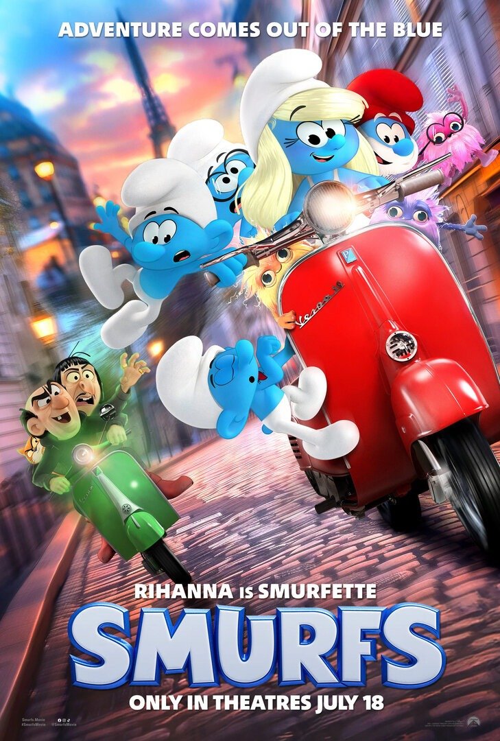 Smurfs 2025 movie poster displaying Smurfette and friends riding a red Vespa