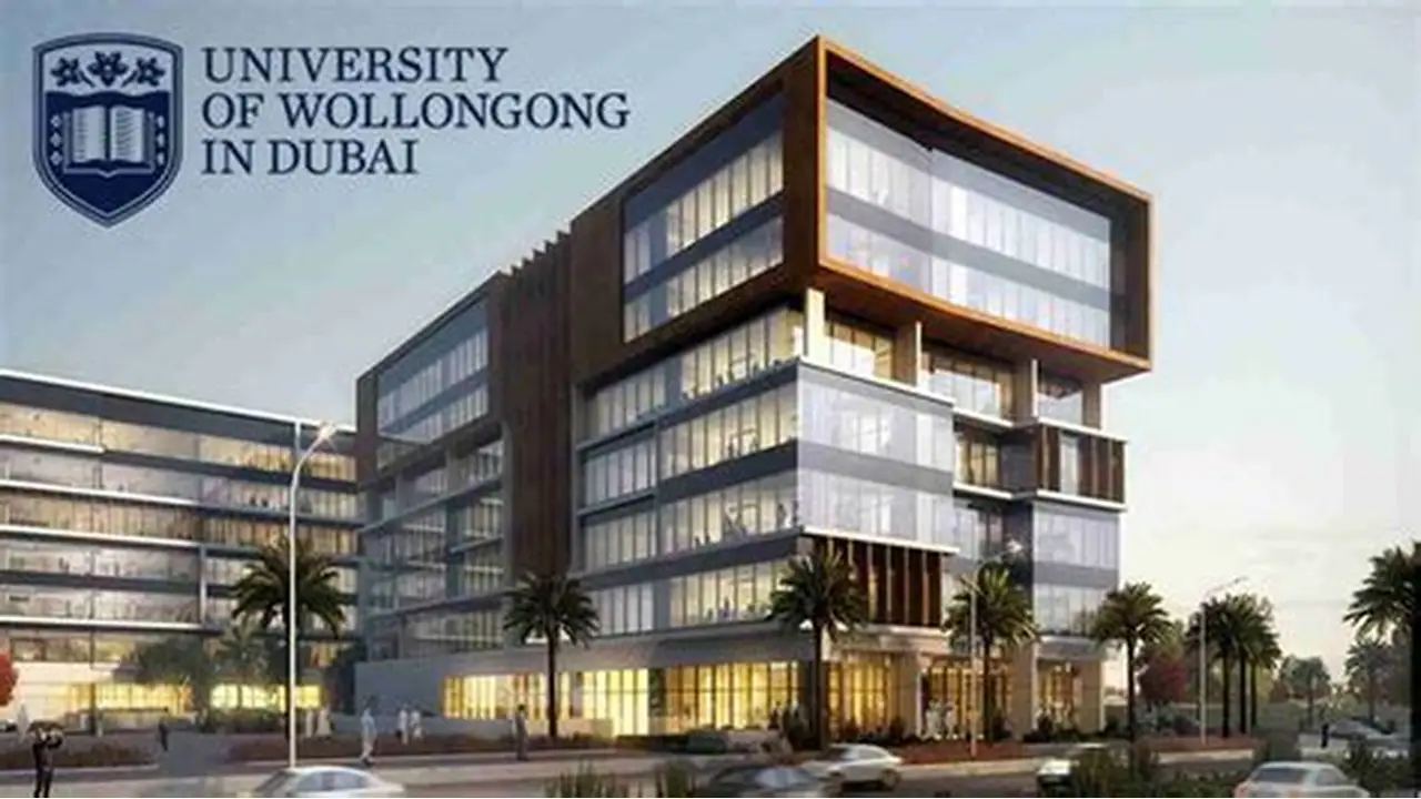 The University of Wollongong in Dubai campus features modern architecture with a glass exterior.