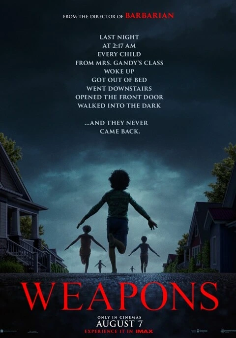 A poster for the horror-thriller film "Weapons," showcasing children walking into darkness under a night sky with a blue and black color theme.