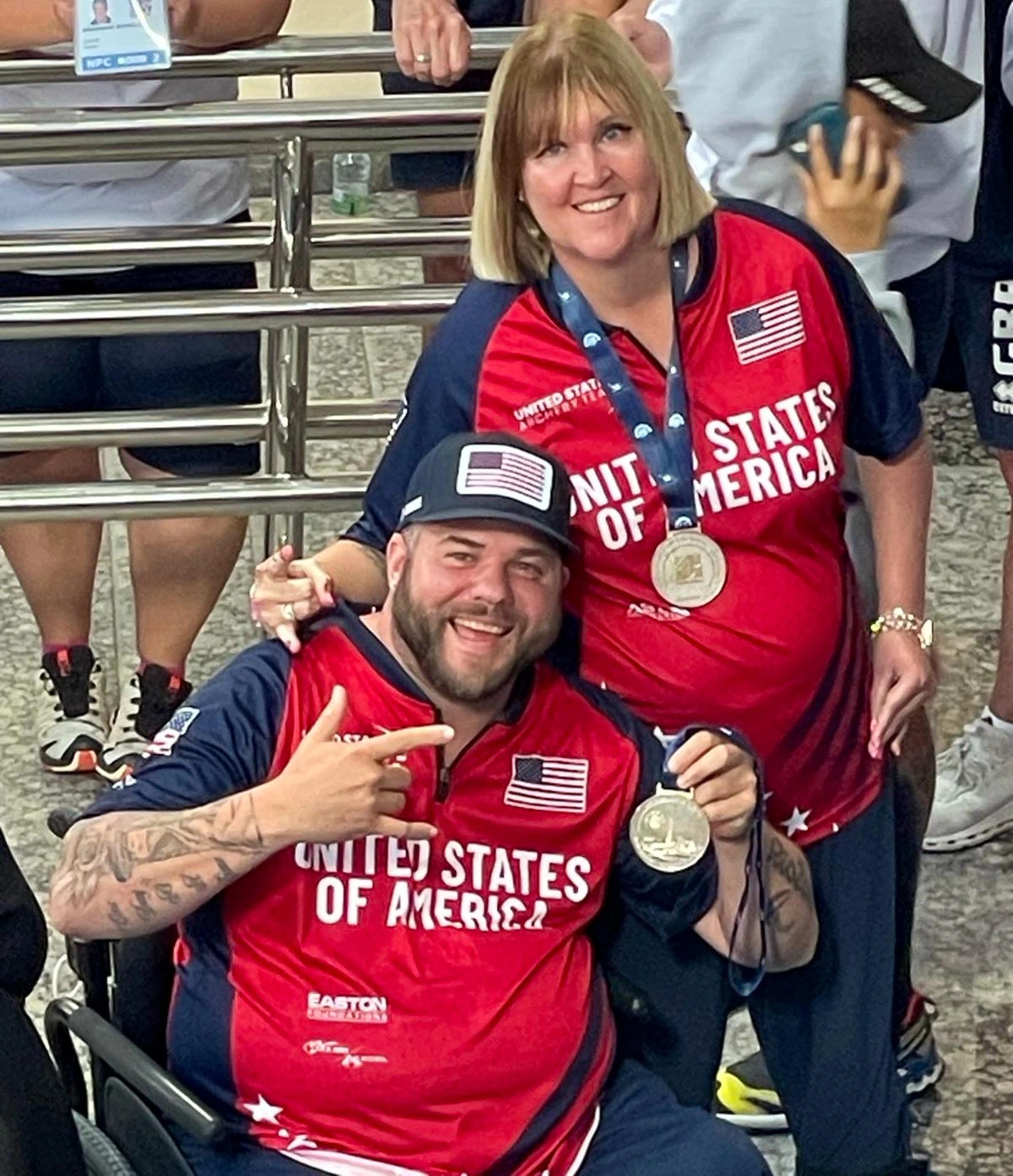 Famous USA competitors Wendy Gardner and KJ Polish posing for a pic after winning Mixed Team Silver in the Fazza-Para Archery Tournament 2024.