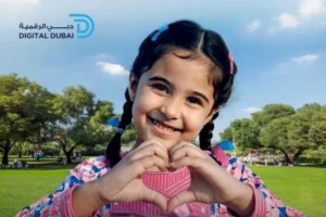 AI-generated young girl smiling and making a heart shape with her hands in a sunny park.