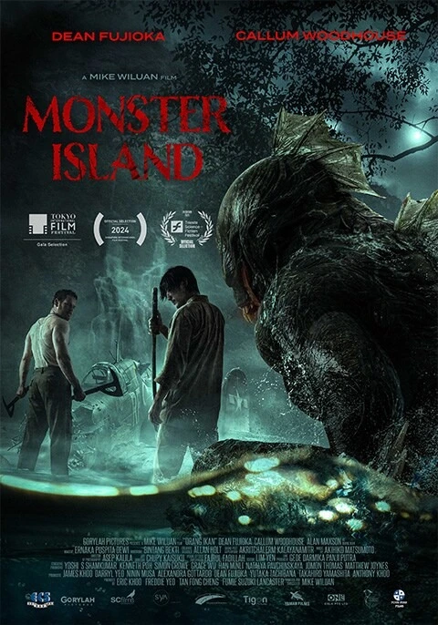 Movie poster for Monster Island (2025) featuring two soldiers ready for battle with a sea monster.